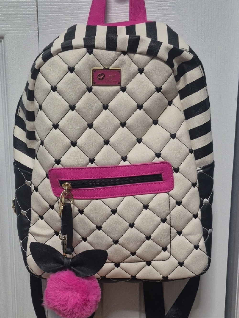 Betsey Johnson Cream Quilted Backpack with Black Stripes & Hot Pink Accents